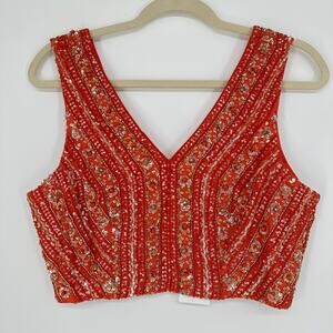 SANI Sequined Beaded Choli Cropped Top Bridal Event V Neck Back Paprika Medium